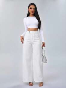 SHEIN Tall 女士高腰休闲宽松阔腿牛仔裤蓝色直筒裤高个女式牛仔裤女士牛仔裤妈妈牛仔裤 - 白色 - 查看 5