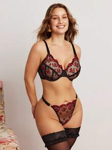 Elorette 2pcs/Set Plus Size Women Floral Embroidered Mesh Sexy Bra And Panty Lingerie Set, Lift - Black - View 6