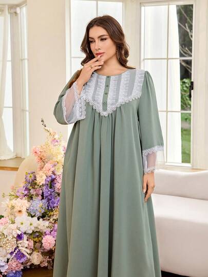Al Najma Abito estivo da donna taglie forti, elegante, con collo rotondo finto, con inserti in pizzo, stile romantico, maniche a 3/4