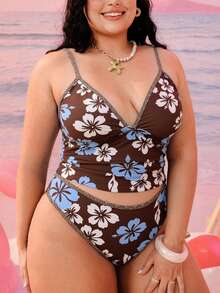 Swim Mod Bộ bikini hai mảnh in họa tiết hình học thời trang thường ngày dành cho nữ cỡ lớn năm 2026, kiểu dáng bikini tam giác cạp cao, dây đeo dày có thể điều chỉnh. - màu nâu - Xem 5