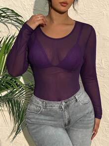 CovetEZ Plus Size Sheer Basic Top, Purple - Purple - View 3