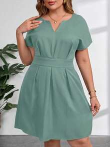 SHEIN Clasi Plus Size Solid Color Notched Neck Belted Elegant Summer Dress For Women - Mint Green - View 3
