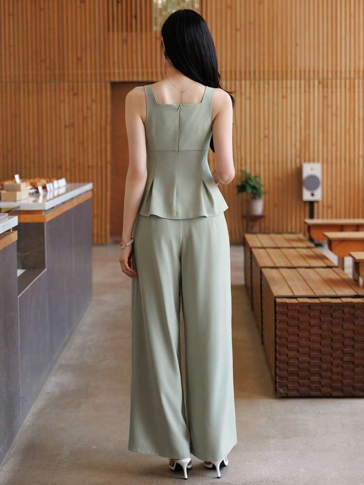 2pcs/Set Women's Casual Elegant Urban Style Fitted Camisole And Straight Leg Pants, Spring/Summer