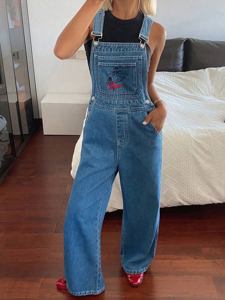 TOM AND JERRY X DAZY Women's Suspender Jeans With Korean Style Cartoon Embroidery, Bib Overalls And Jumpsuit