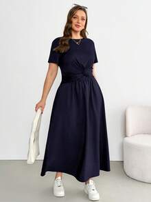SHEIN Essnce 大码女装春夏时尚休闲宽松舒适日常百搭显瘦黑色露脐上衣和黑色长裙两件套，夏季穿搭，简约风格，黑色套装 - 藏蓝色 - 查看 3