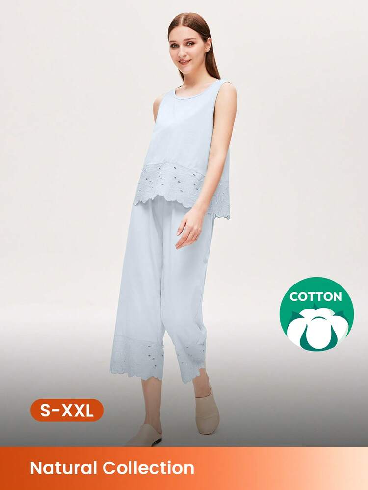 Hochzeits-Essenzielle bestickte lange Pyjama-Set Blau Baumwolle Brautjungfer Frauen Pyjamahosen mit Taschen Baumwoll-Pyjamas