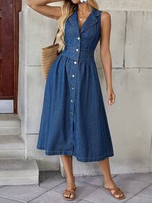 SHEIN Tall Vestido midi de mezclilla con botones y sin mangas con cuello para mujer alta de SHEIN, atuendos casuales, elegantes y de uso diario para mujeres en verano - Azul lavado oscuro - Ver 13