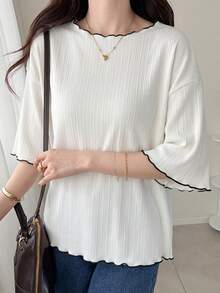 FRIFUL Áo thun nữ tay ngắn dáng rộng kẻ sọc lượn sóng phối màu tương phản, thích hợp mặc thường ngày mùa hè. - trắng - Xem 7