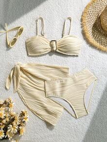 Tween Girls' Apricot Textured Metal Button Bikini Swimsuit Set With Mini Skirt - Beige - View 1