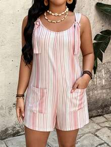 EMERY ROSE Plus Size Casual Striped Pocket Jumpsuit For Women - Pink - View 4