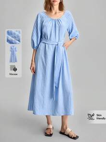 Ontre 2026 Sommer Neu Blaues gestreiftes Kleid mit Taillenbindung und Puffärmeln, vielseitiges Pendelkleid mit erhöhter Kapazität, geeignet für den Stadtverkehr im Frühling, Urlaub, Strand, Musikfestival, Frühlings-/Sommer-lässig-Wear, minimalistische Mode - Blau - Übersicht 6