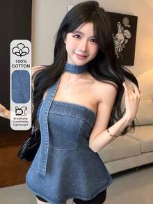 Joudiya 春夏音樂節亮面水鑽與亮片裝飾心形領荷葉邊拼接貼身洋裝，優雅派對婚禮雞尾酒正式禮服，時尚修身休閒牛仔女款抹胸上衣 - 藍色 - 查看 2
