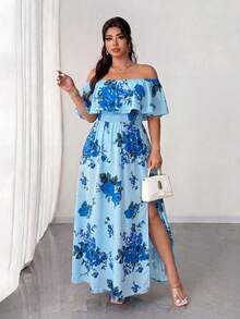 Elenzga Plus Size Women's Light Blue Floral Print Off-Shoulder Ruffle Hem Summer Boho Maxi Dress, Waist Pleated Vacation Holiday Dress For Date&Travel - Multicolor - View 4