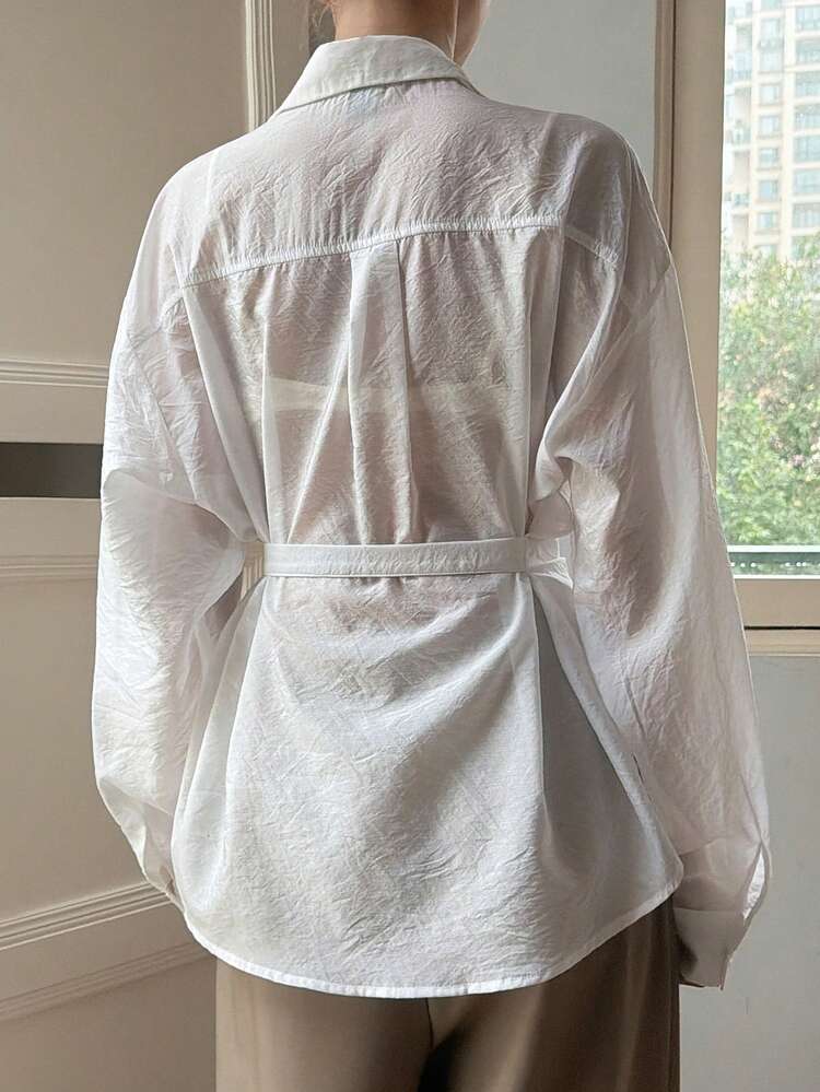 Women's Casual Versatile Commuting Solid Color Split Hem Shirt, Spring & Summer