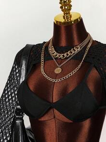 Amplova Music Festival Street Style Sexy Bra + Sheer Overlay Top For Women Golf Pastal Autumn - Black - View 5