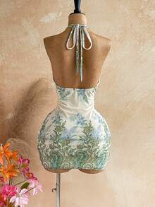 Vestido mini con estampado floral, diseño de lazo y escote halter, para vacaciones - Multicolor 2 - Ver 2