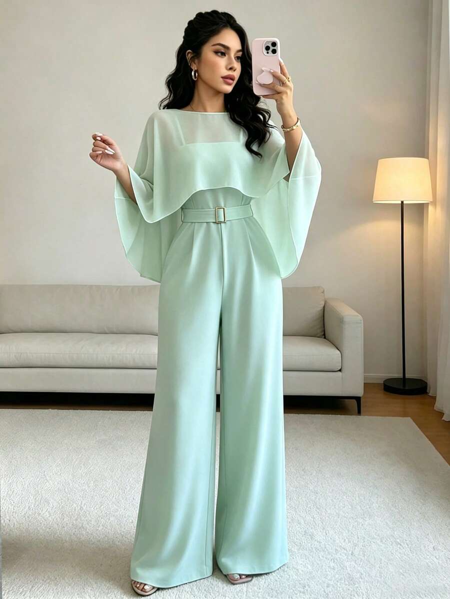 SHEIN Raffinéa 優雅薄荷綠夏季兩件式套裝,船領雪紡疊層上衣 & 高腰腰帶長褲套裝,婚禮賓客度假海灘舞會穿搭 - 綠色 - 查看 1