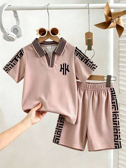 2pcs/Set Young Boy Soft Knit Fabric Solid Color Print Short Sleeve Polo Shirt And Shorts Set, Suitable For Summer Casual, Holiday Wear