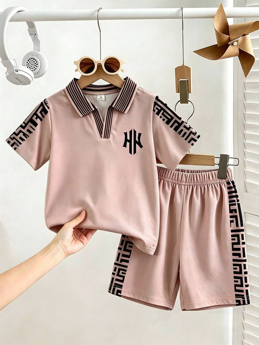 2pcs/Set Young Boy Soft Knit Fabric Solid Color Print Short Sleeve Polo Shirt And Shorts Set, Suitable For Summer Casual, Holiday Wear - Khaki - View 1