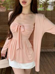 DAZY 2pcs Women Solid Color Tube Top And Jacket Set Vacation Blush Pink Autumn Cute - Pink - View 3