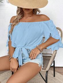 EMERY ROSE Plus Size Women Fashion Versatile Boho Ruffle Cuff Tie Strap Off-Shoulder Blouse Vacation Light Blue Summer - Blue - View 4