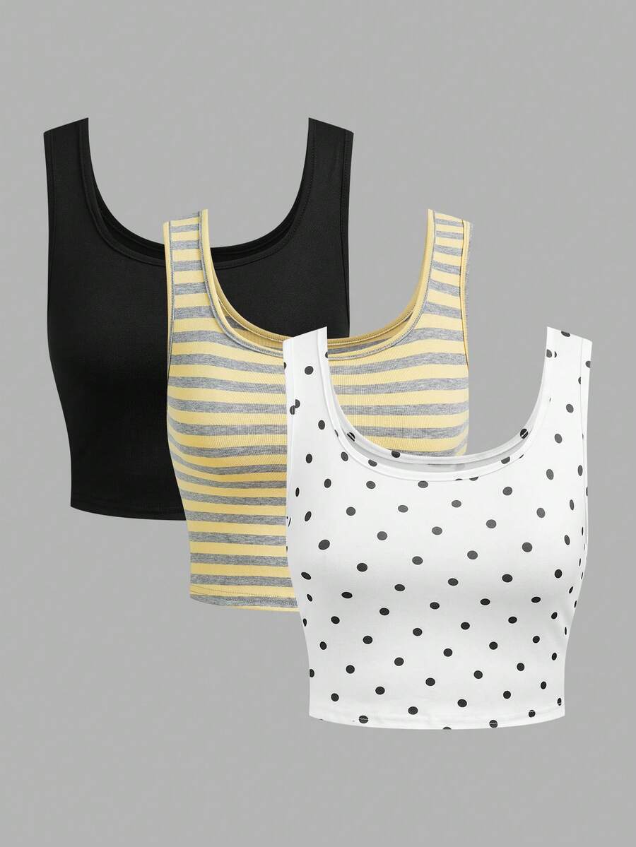 SHEIN EZwear Bộ 3 áo hai dây ngắn bó sát mùa hè dành cho nữ, họa tiết chấm bi sọc, màu trơn, thích hợp cho đi làm hàng ngày, hẹn hò, dự tiệc, mùa thu/đông, Giáng sinh, Năm mới, Lễ Tạ ơn, Tiệc tùng, Đám cưới, Bãi biển, Lễ tốt nghiệp, Thời trang, Thanh lịch, Thường ngày, Đi chơi, Hẹn hò, Đặt chỗ, Đi làm, Lấp lánh, Ngày Valentine, Sang trọng, Kỳ nghỉ, Thường ngày, Y2K, Đi chơi, Lễ tốt nghiệp và các dịp khác. - Nhiều màu - Xem 1