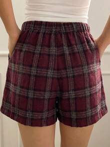DAZY Pantalones cortos de pijama holgados a cuadros, pantalones inferiores de ropa de dormir de verano para mujer - Burdeos - Ver 2