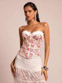Glamine Charm Women's Elegant Floral Embroidery Lace Patchwork Corset Top,Cottagecore Bustier Camisole For Party Picnic Bride,White And Pink,Summer Fashion - Pink - View 5