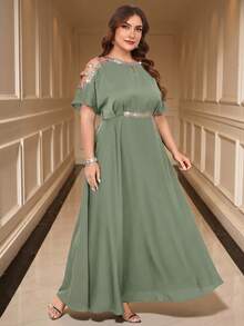 SHEIN Clasi Plus Size Elegant Splice Ribbon Open Shoulder Waist Tie Dress, Summer - Mint Green - View 3
