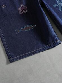 ROMWE MEN Street Life Quần short denim nam thêu hình sinh vật biển - Màu xanh lam - Xem 6