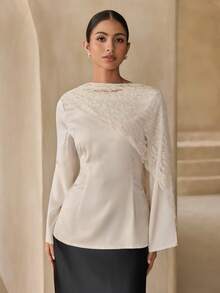 Graceveil Elegant Commuter Satin Lace Shawl Collar Long Sleeve Fitted Shirt - Apricot - View 7