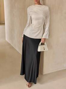 Graceveil Elegant Commuter Satin Lace Shawl Collar Long Sleeve Fitted Shirt - Apricot - View 9