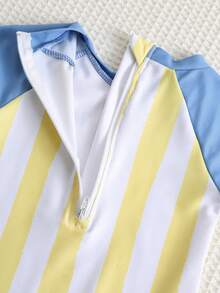 SHEIN Unisex Baby Boy Girl Cute White Yellow Striped Patchwork Long Sleeve Rash Guard Swimsuit,Sun Protection Swimwear For Summer,Vacation,Holiday,Beach - Yellow - View 6
