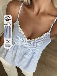 DAZY Blue And White Stripe Contrast Lace Trim Waist Flared Hem Casual Tropical Vacation Summer Tank Top For Women Vacation - Blue - View 1