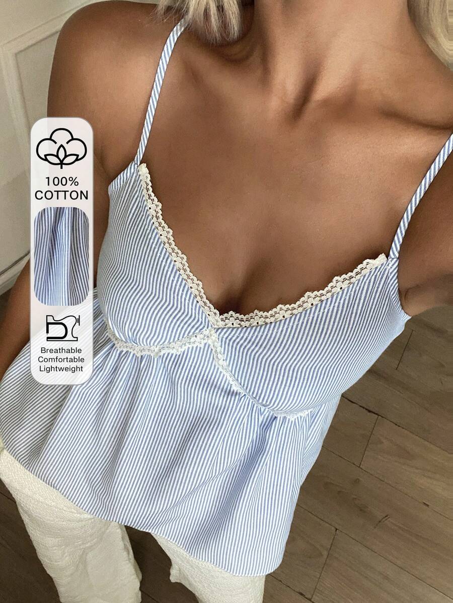 DAZY Blue And White Stripe Contrast Lace Trim Waist Flared Hem Casual Tropical Vacation Summer Tank Top For Women Vacation - Blue - View 1