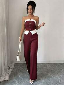 Elenzga Women's Burgundy 2-Piece Set,Elegant Off Shoulder Metal Buckle Top And Wide Leg Pants,Summer Party Evening Holiday,New Year Christmas Valentine Wear - Red - View 4