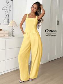 Easowa Bộ đồ nữ màu trơn gồm áo hai dây và quần ống rộng, set 2 mảnh phong cách thường ngày cho ngày Valentine; váy vest trắng tinh khôi, trang phục thường ngày rộng rãi kiểu cổ điển; bộ quần áo vải lanh trắng; bộ đồ hai mảnh màu kem; bộ đồ vải lanh; bộ đồ phối hợp; bộ đồ cotton mùa hè; trang phục mùa xuân; quần áo thường ngày. - Màu vàng - Xem 3