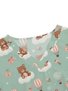 SHEIN 女士绿色V领短袖双口袋可爱卡通图案工作服上衣，可爱小熊印花，护士医生制服，纯色宠物美容工作服，营养师实验服，多口袋功能性工作服，女士功能性假日服装，可爱 - 綠色 - 查看 3