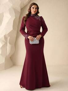 Coutiva Plus Size Women's Elegant Rhinestone Embellished Ruched Waist Dress With Train, Suitable For Spring And Autumn - Burgundy - View 4