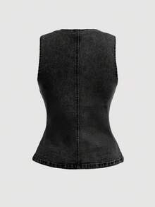 SHEIN MOD 女款前扣無袖牛仔上衣 灰色 夏季 優雅 外出穿搭 - 黑色 - 查看 2