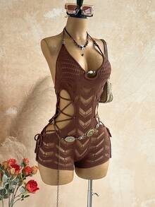 Soleia Women's Solid Color Hollow Out Knitted Backless Halter Romper - Coffee Brown - View 4