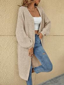 SHEIN X Lucía Bellido Easowa Drop Shoulder Ribbed Knit Duster Cardigan,Long Sleeve Tops In Fall/Winter - Beige - View 7