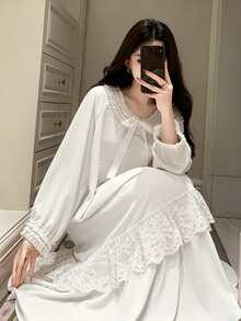 DAZY Camisón largo y holgado de mujer con lazo de satén estilo princesa dulce, con adorno de encaje de color contrastante en capas - Blanco - Ver 1