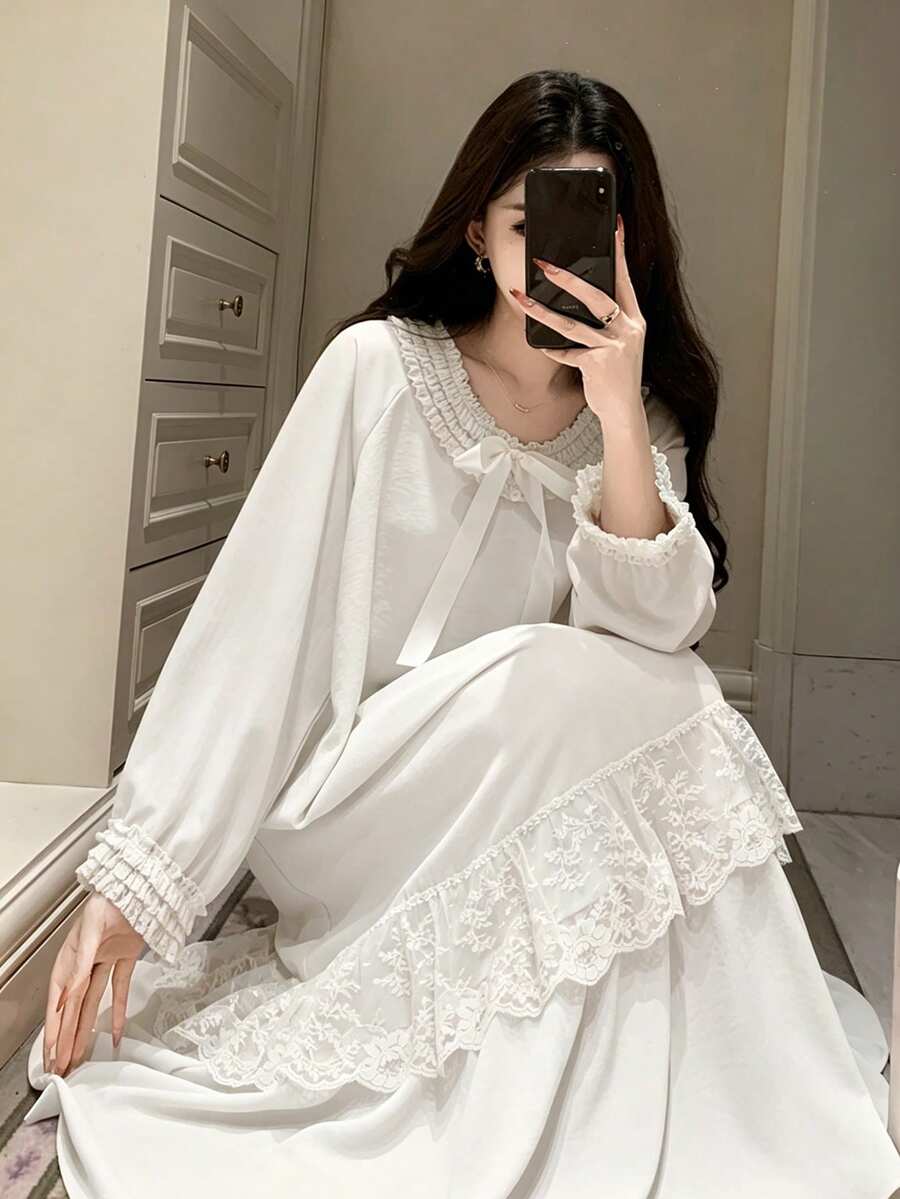 DAZY Camisón largo y holgado de mujer con lazo de satén estilo princesa dulce, con adorno de encaje de color contrastante en capas - Blanco - Ver 1