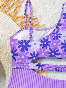 SHEIN Tween Girls Colorblock Floral Print Asymmetric Neck Hollow Waist One-Piece Swimsuit - Purple - View 4