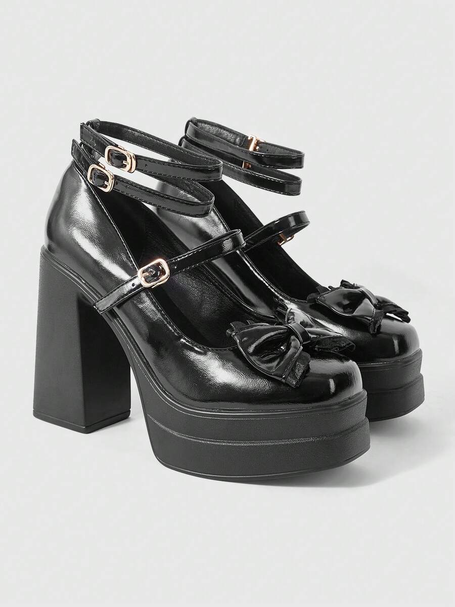 ROMWE Kawaii Giày cao gót đế xuồng kín mũi màu tối bóng bẩy gợi cảm dành cho nữ, phong cách Gothic Punk, có dây buộc, nơ và khóa kim loại co giãn ở mắt cá chân, thiết kế kín mũi, thích hợp cho hộp đêm, tiệc tùng, lễ hội. - màu đen - Xem 1