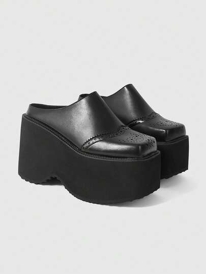 ROMWE Grunge Punk Zapatos de cuña y plataforma de punta cuadrada y cerrada, de estilo casual y elegante, zapatos slip-on de estilo gótico punk perfectos para fiestas en discotecas, vacaciones y uso diario.