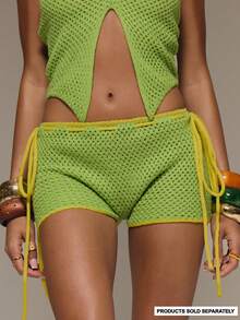 MUSERA Pantalones cortos ajustados de mini shorts con costuras de contraste tejidos a ganchillo, solo para vacaciones de verano, festivales, raves, playa y carnaval - Verde - Ver 1