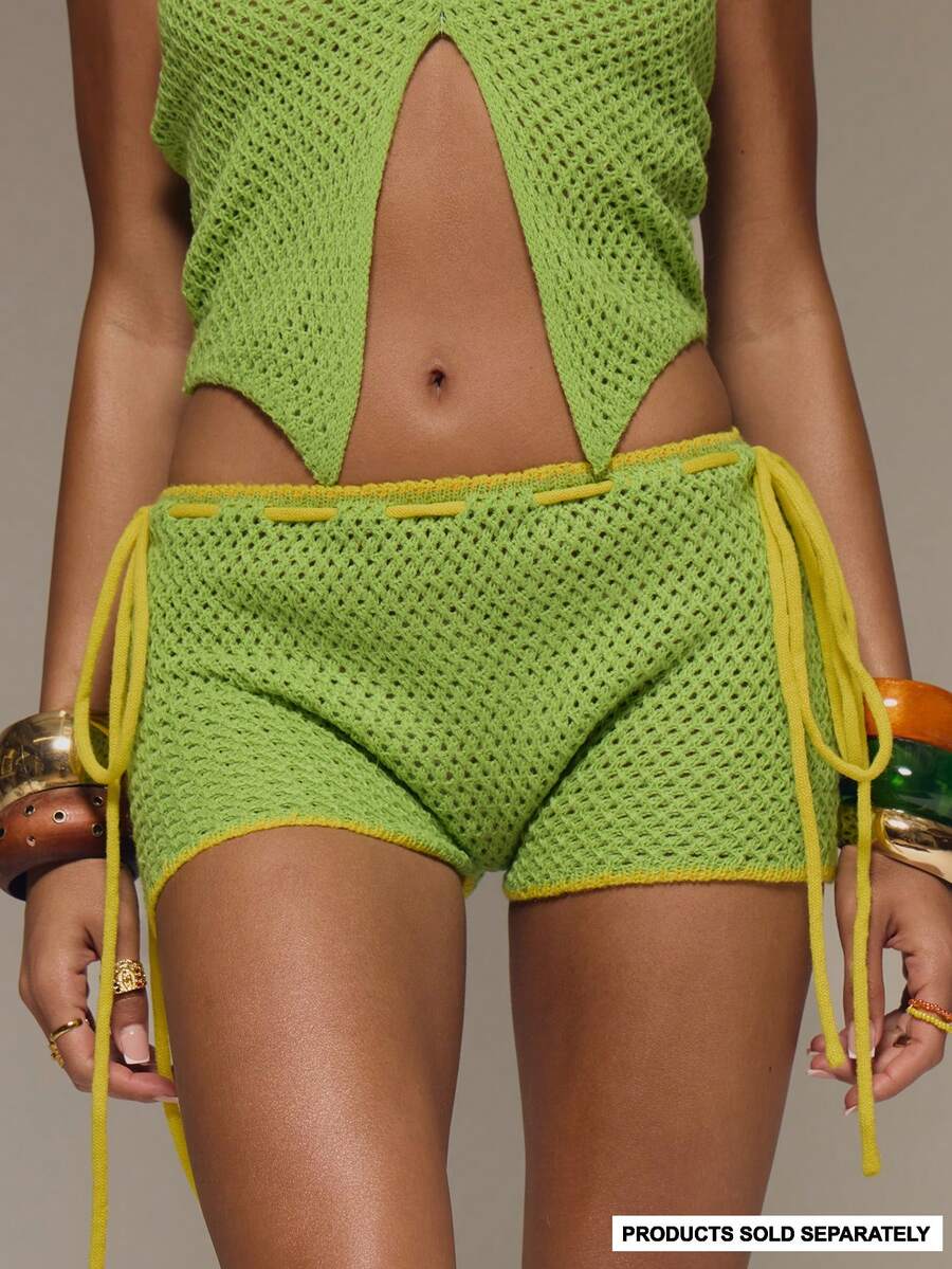 MUSERA Pantalones cortos ajustados de mini shorts con costuras de contraste tejidos a ganchillo, solo para vacaciones de verano, festivales, raves, playa y carnaval - Verde - Ver 1