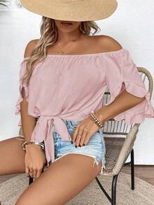 EMERY ROSE Plus Size Casual Solid Color Off-Shoulder Tie-Up Shirt Bussines Vacation Pink Summer - Pink - View 3